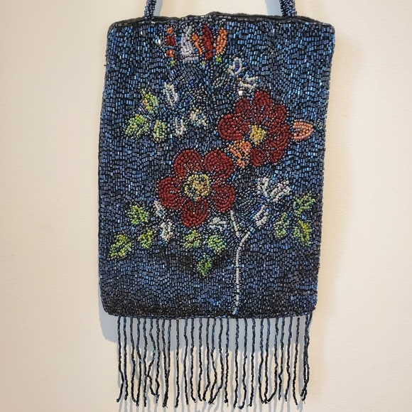 Beaded Purse Bag Floral Navy Blue Flowers Fringe - Picture 3 of 15
